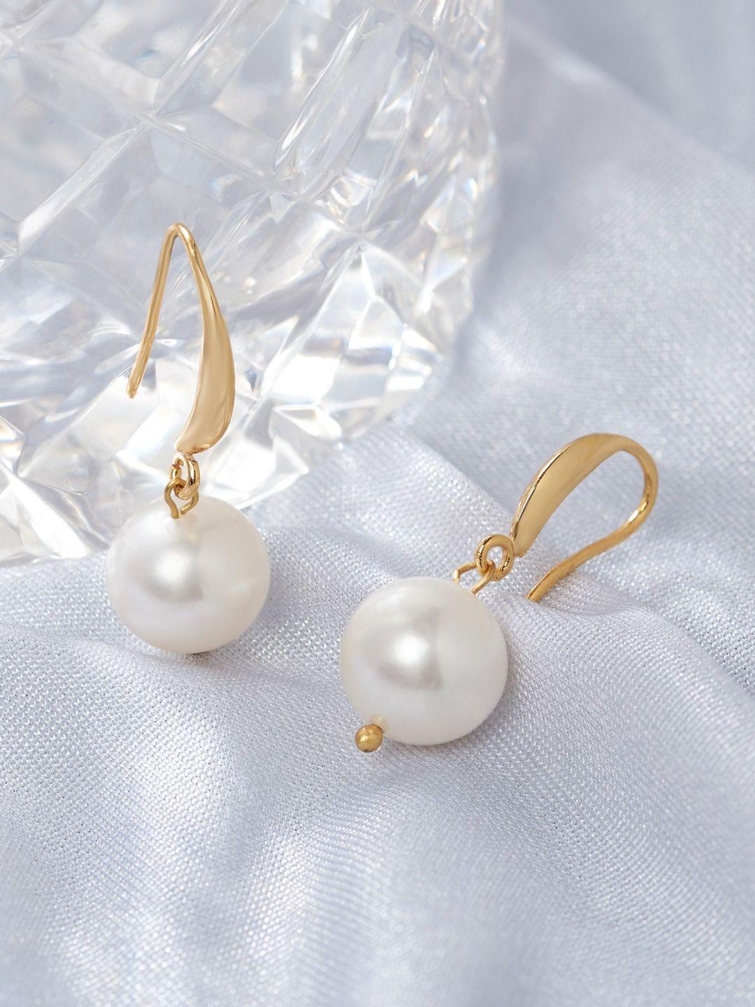 zaveri pearls gold-plated white freshwater natural round pearl drop earring