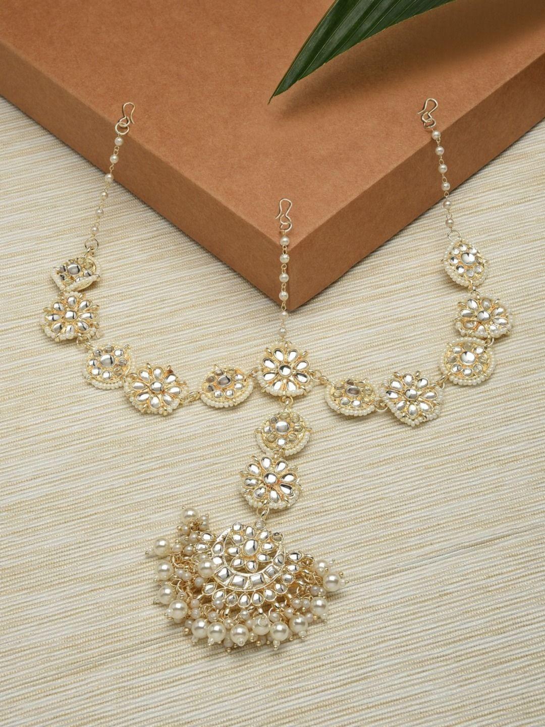 zaveri pearls gold-plated white kundan-studded & beaded mathapatti
