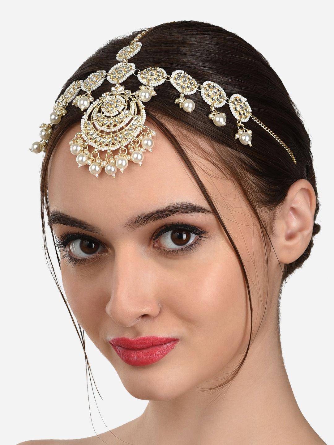 zaveri pearls gold-plated white kundan studded & pearl beaded embellished matha patti