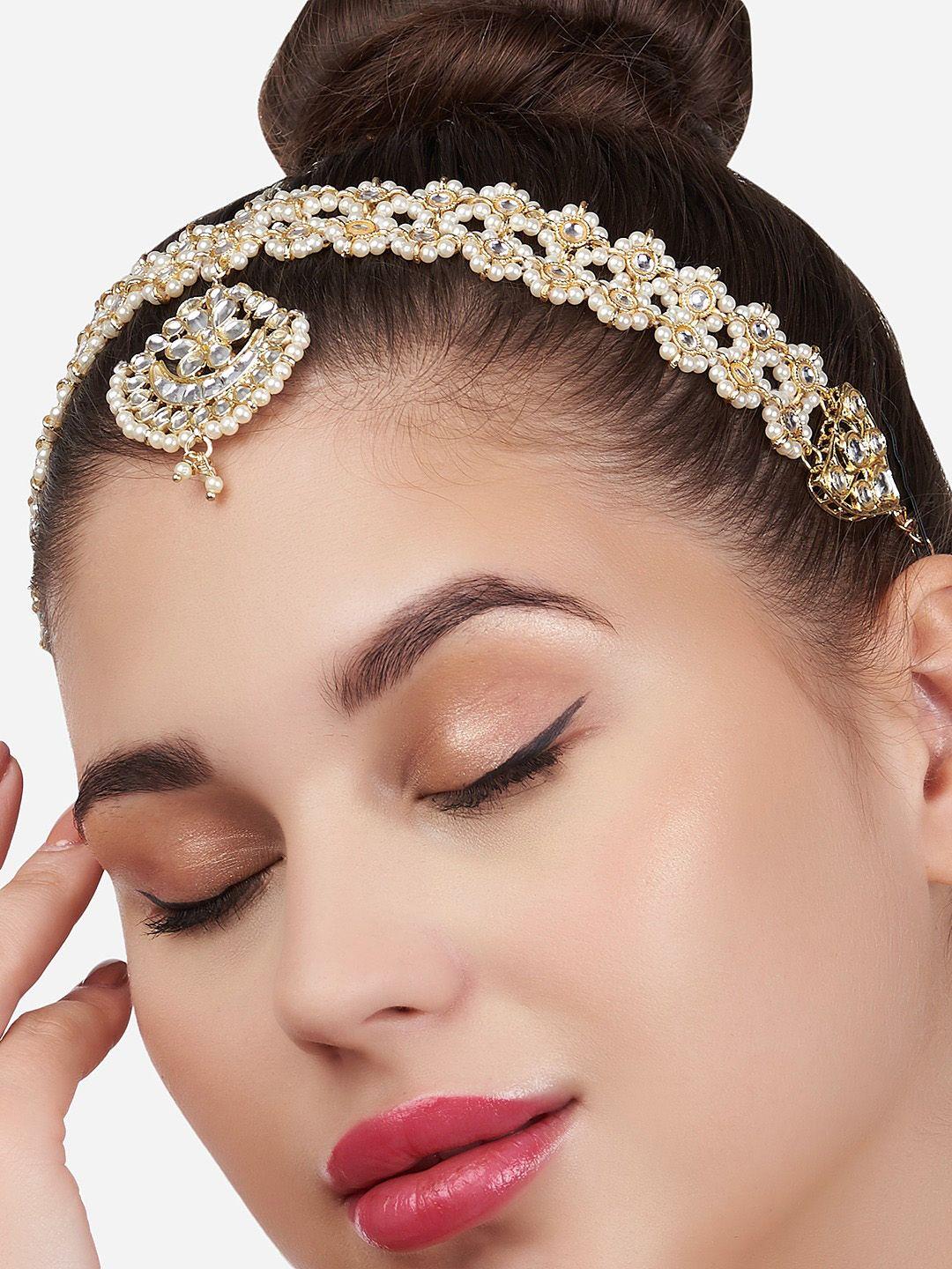 zaveri pearls gold-plated white kundan-studded & pearl beaded matha patti