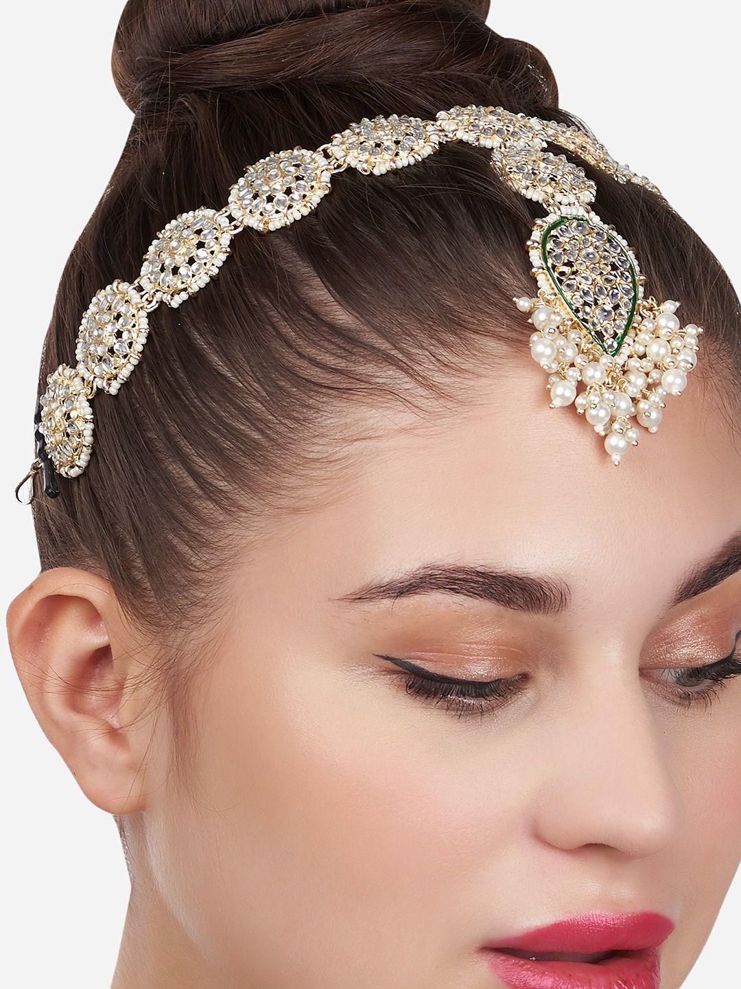 zaveri pearls gold-plated white kundan-studded & pearls-beaded matha patti