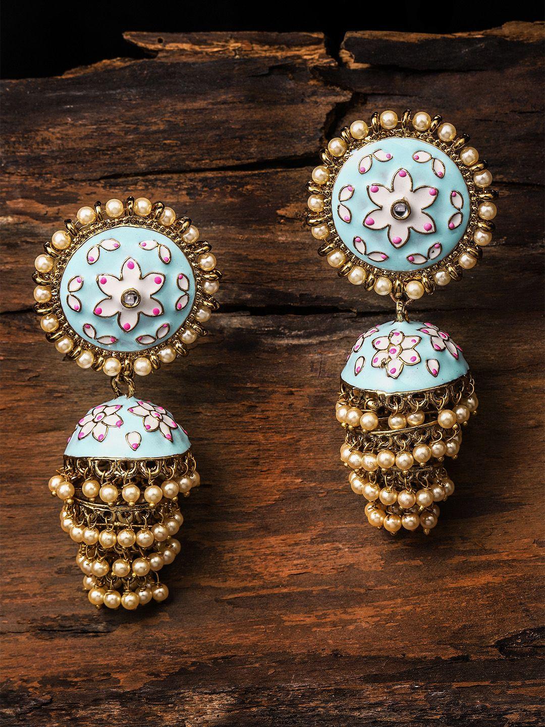 zaveri pearls gold-toned & blue enamelled meenakari dome shaped jhumkas