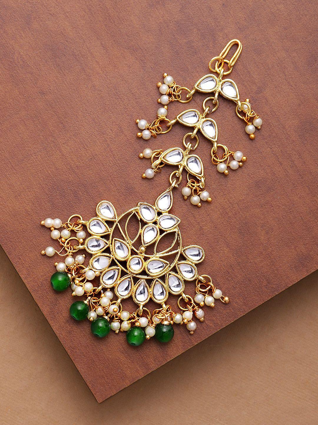zaveri pearls gold-toned & green kundan & dangling beaded maangtikka