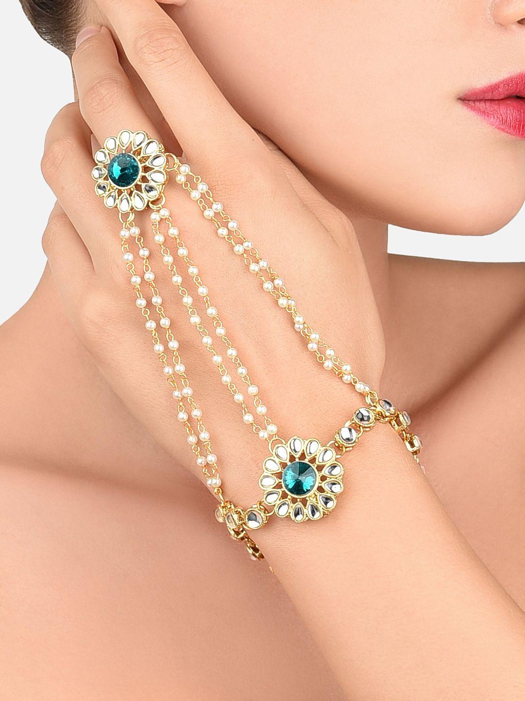 zaveri pearls gold-toned & green kundan & pearls ring bracelet