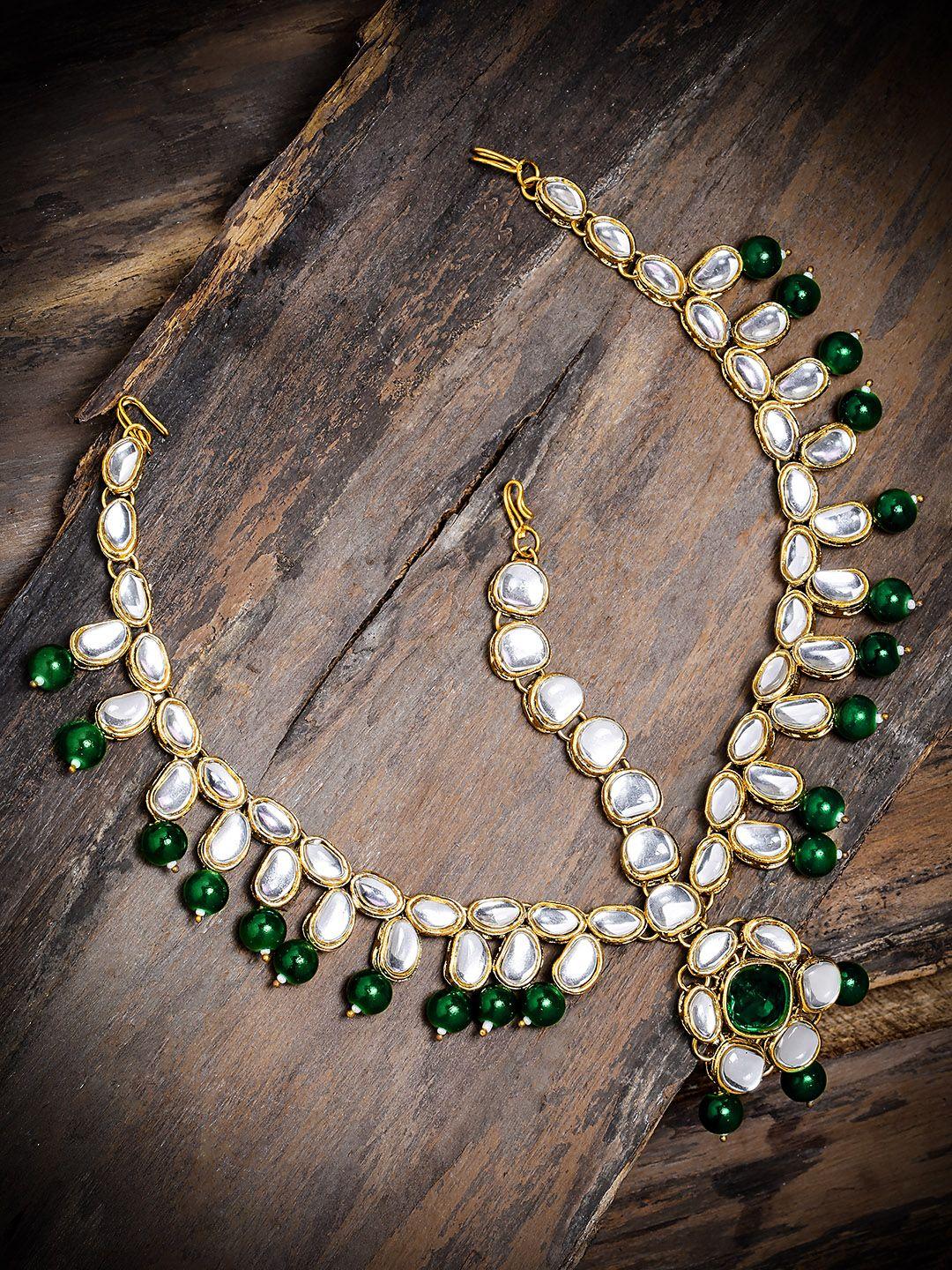 zaveri pearls gold-toned & green kundan studded bridal mathapatti