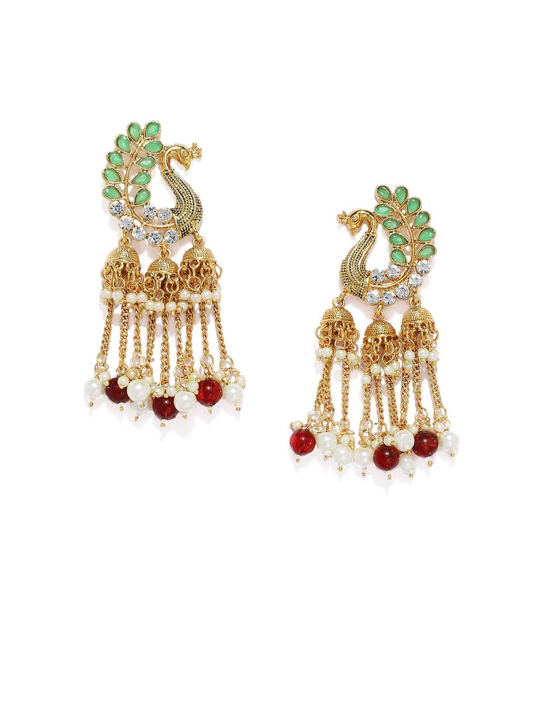zaveri pearls gold-toned & green peacock shaped drop earrings