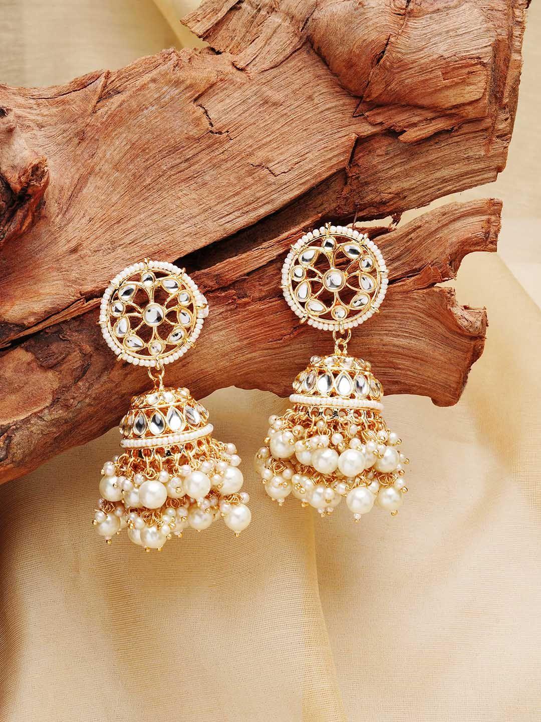 zaveri pearls gold-toned & white kundan & pearls contemporary jhumkas earrings