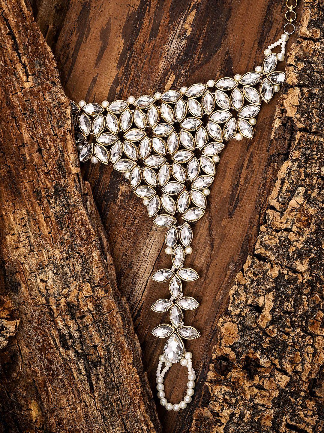 zaveri pearls gold-toned antique kundan & pearl-studded ring bracelet
