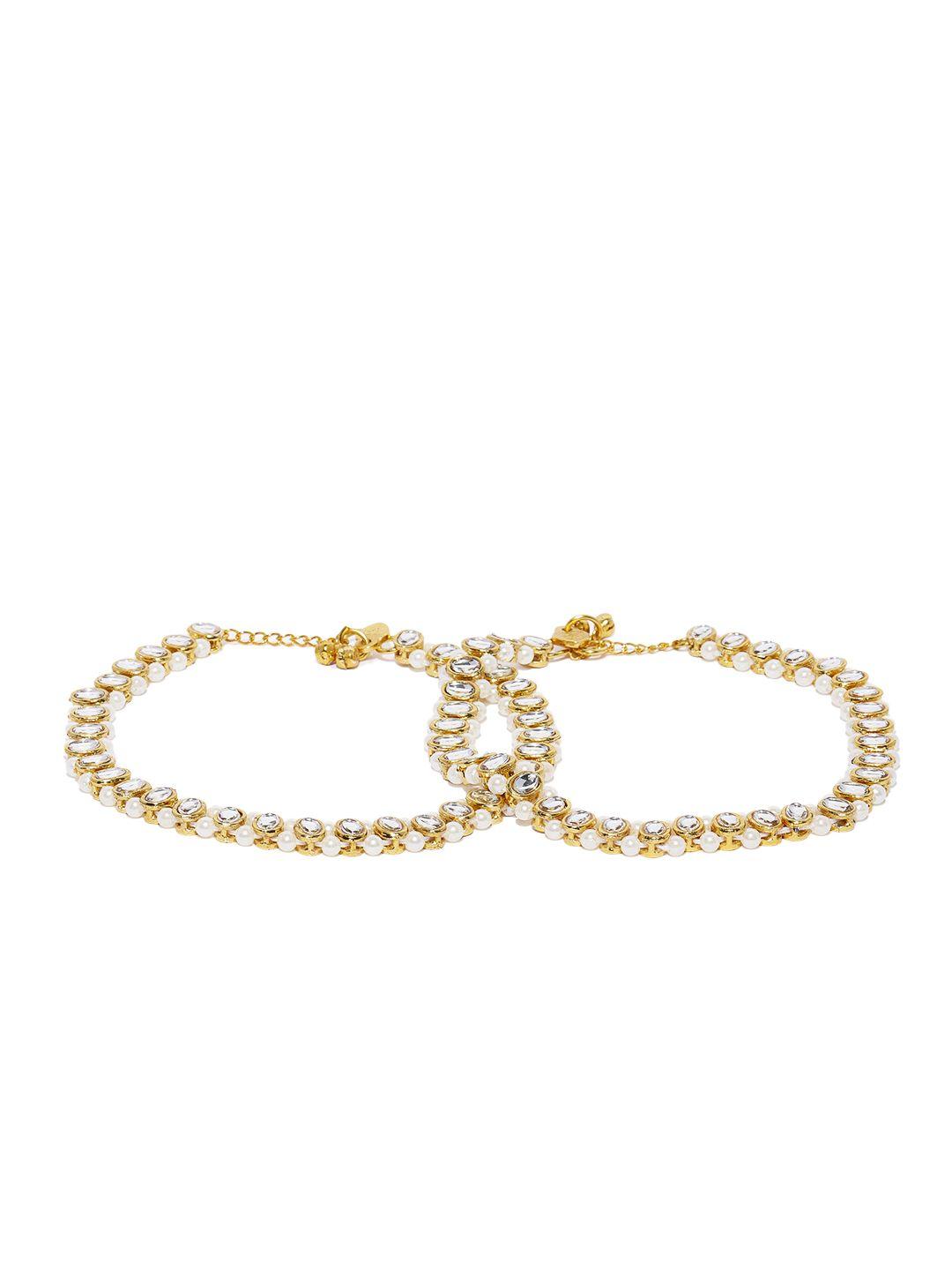 zaveri pearls gold-toned kundan & pearls studded anklets