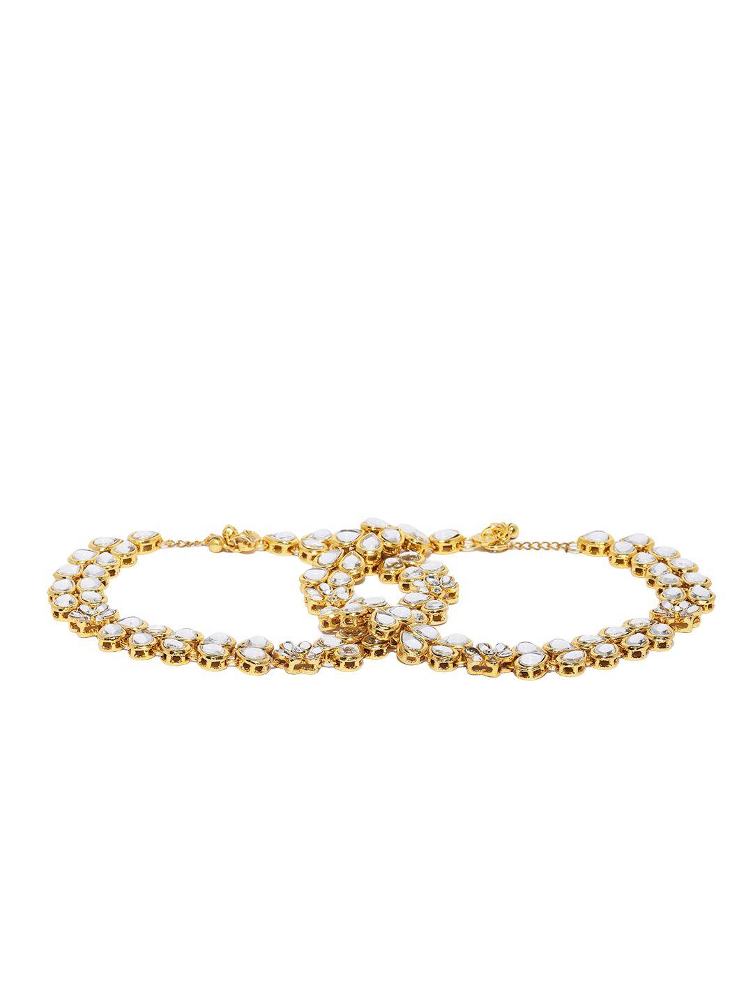 zaveri pearls gold-toned kundan & pearls studded anklets