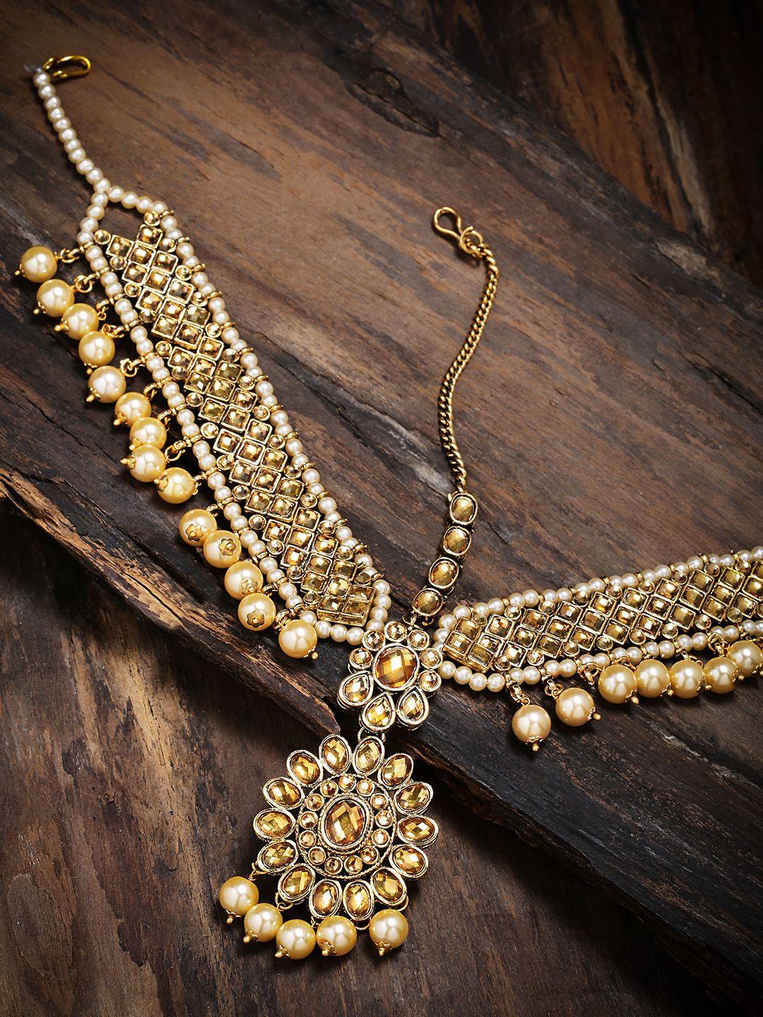 zaveri pearls gold-toned pearl studded mathapatti