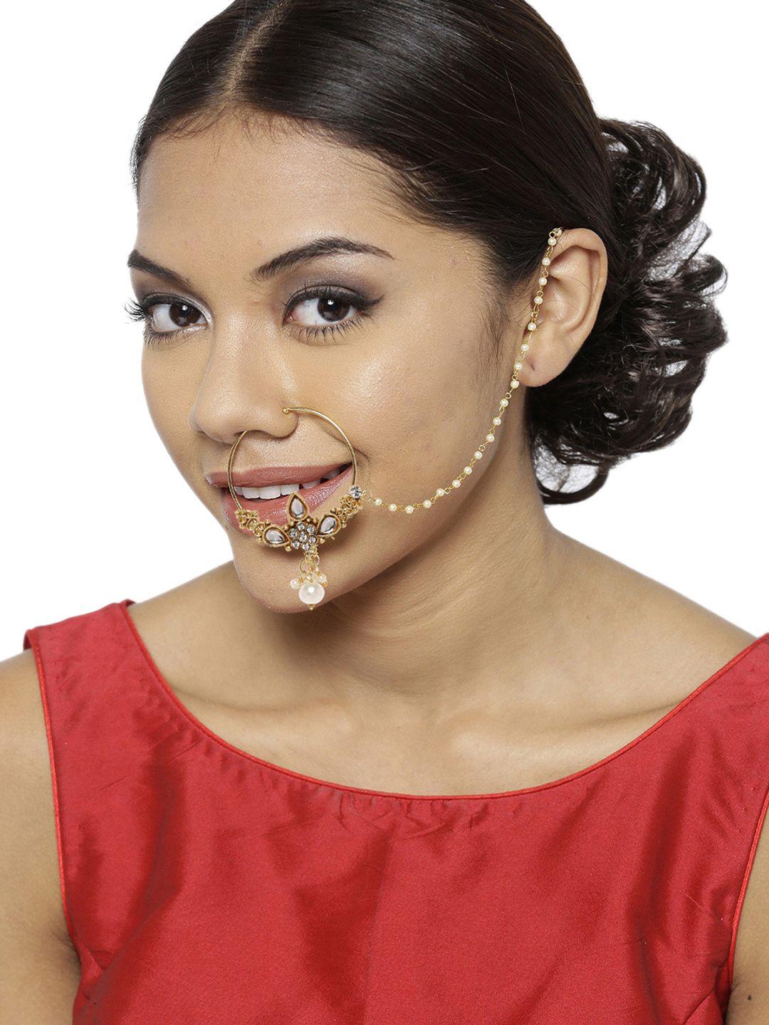 zaveri pearls gold-toned traditional nose ring with pearl chain