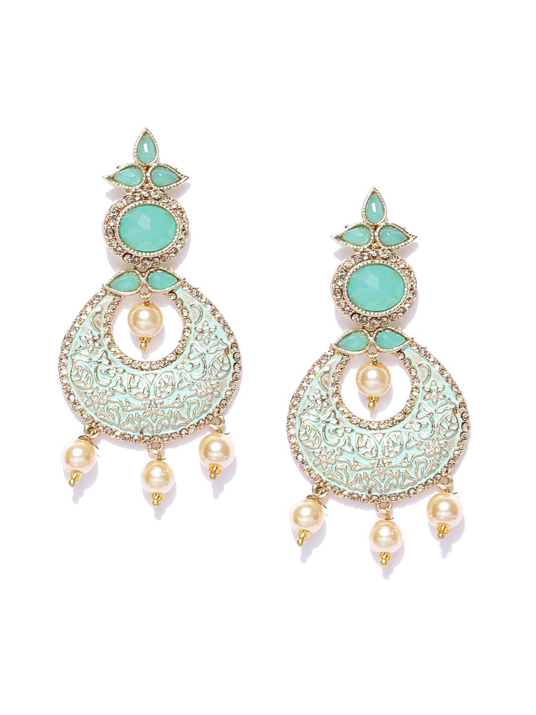 zaveri pearls green & off-white gold-pated crescent shaped chandbalis