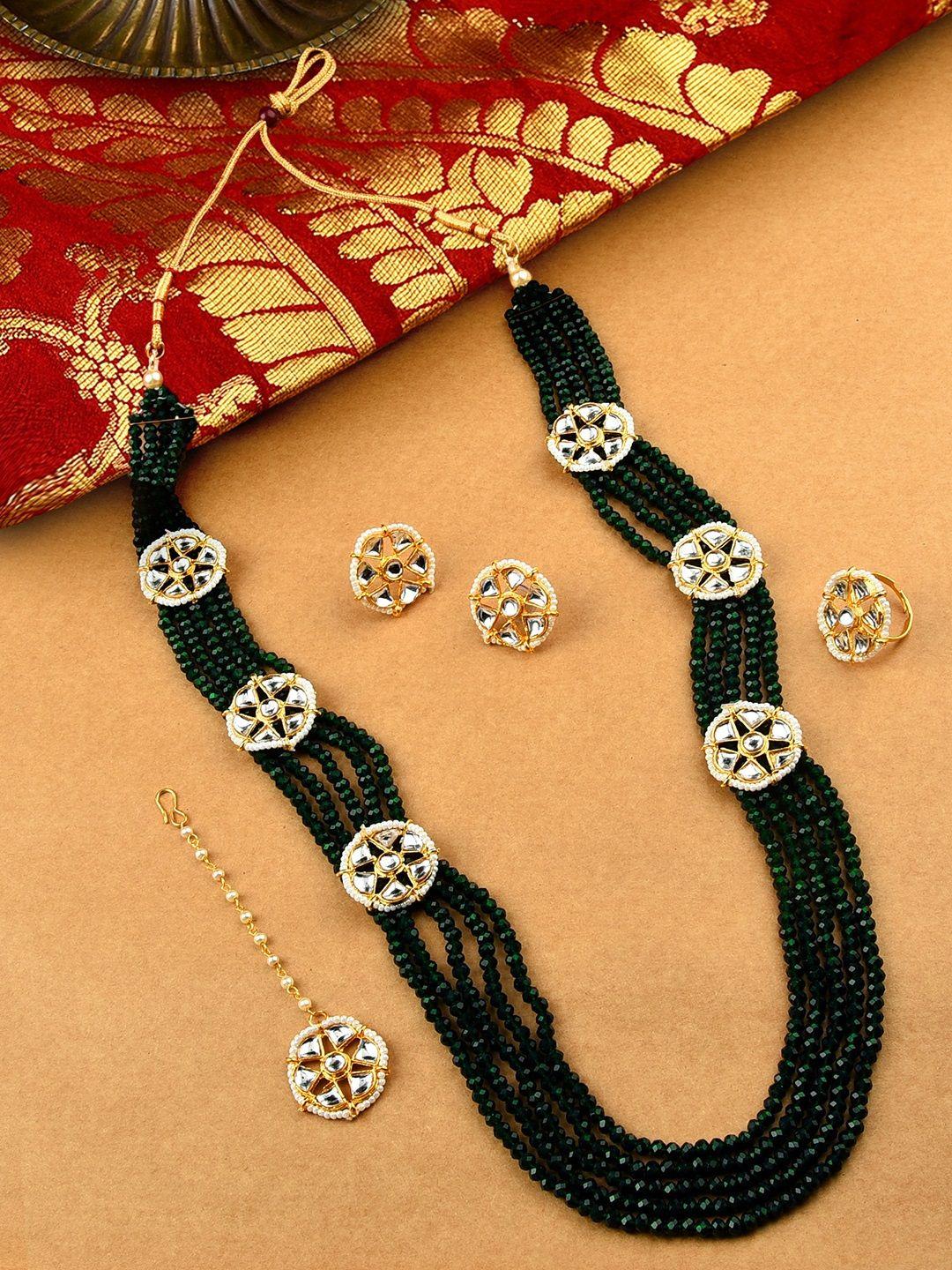 zaveri pearls green & white gold-plated kundan studded layered jewellery set