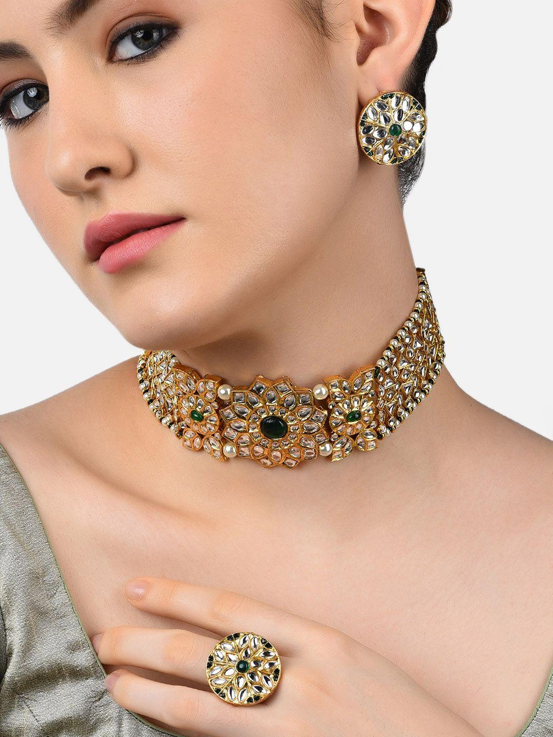 zaveri pearls green & white-toned & gold-plated kundan-studded jewellery set
