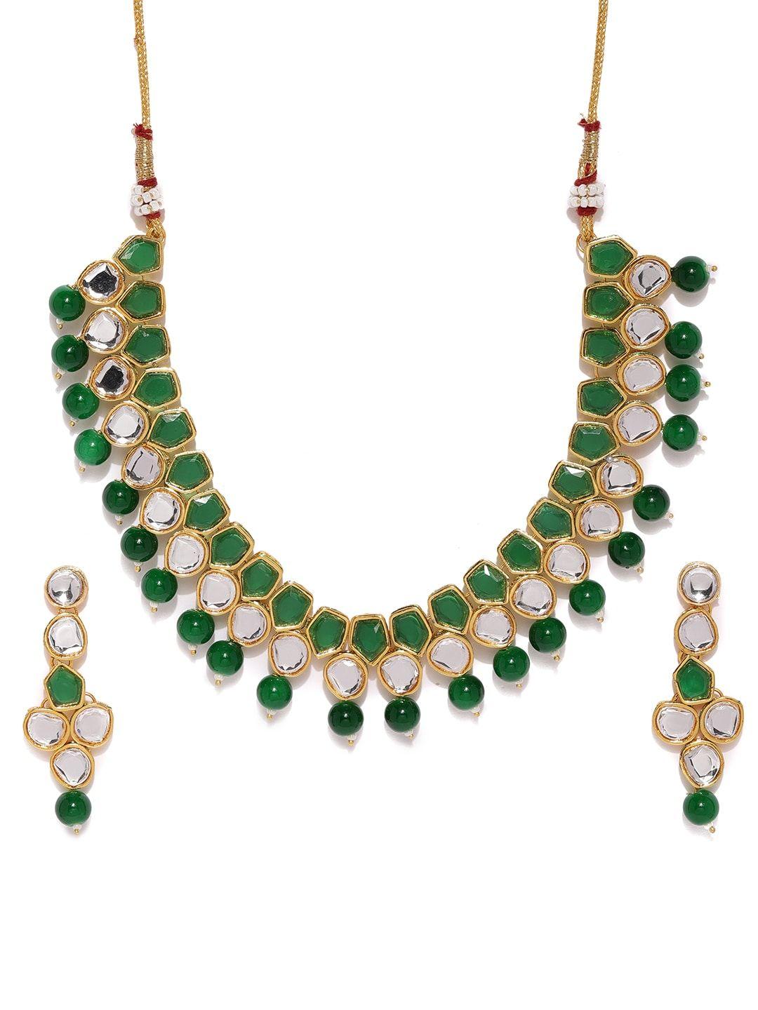 zaveri pearls green gold-plated beads & stones studded jewellery set
