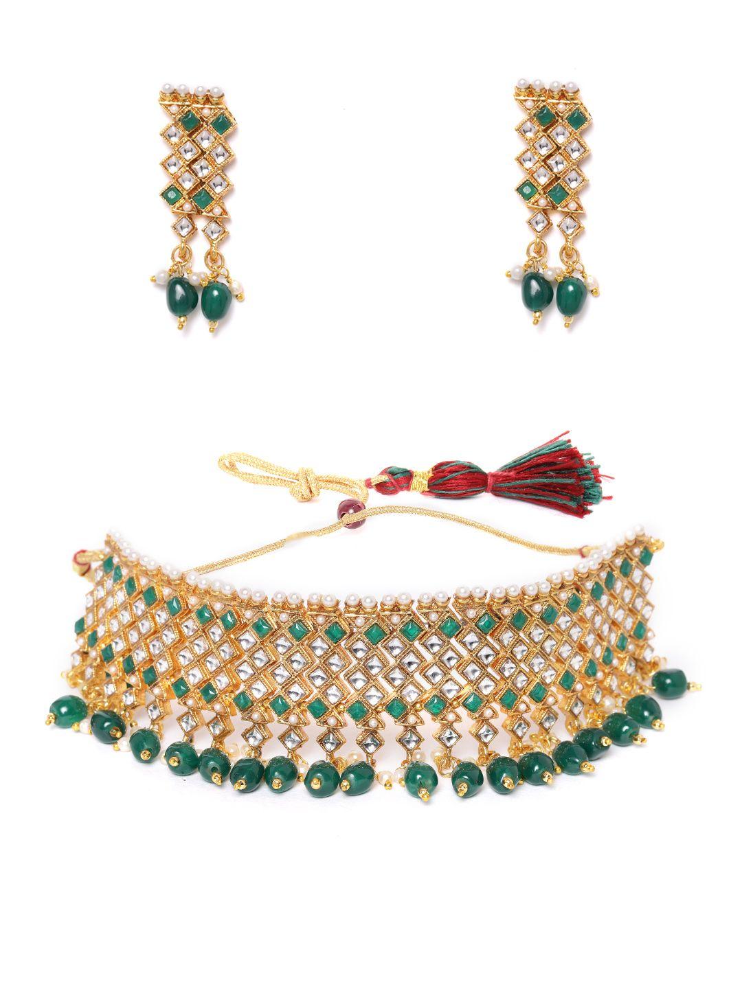 zaveri pearls green gold-plated kundan-studded beaded jewellery set