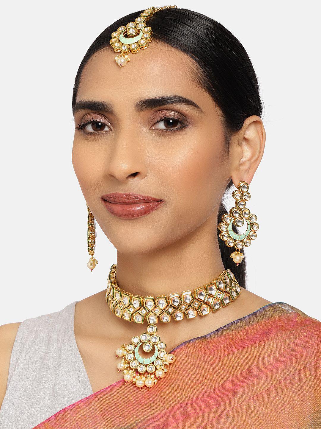 zaveri pearls green gold-plated meenakari kundan studded jewellery set