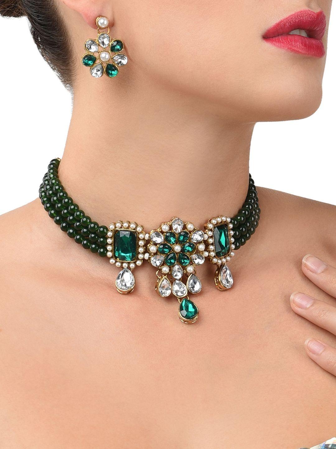 zaveri pearls green multistrand embellished jewellery set