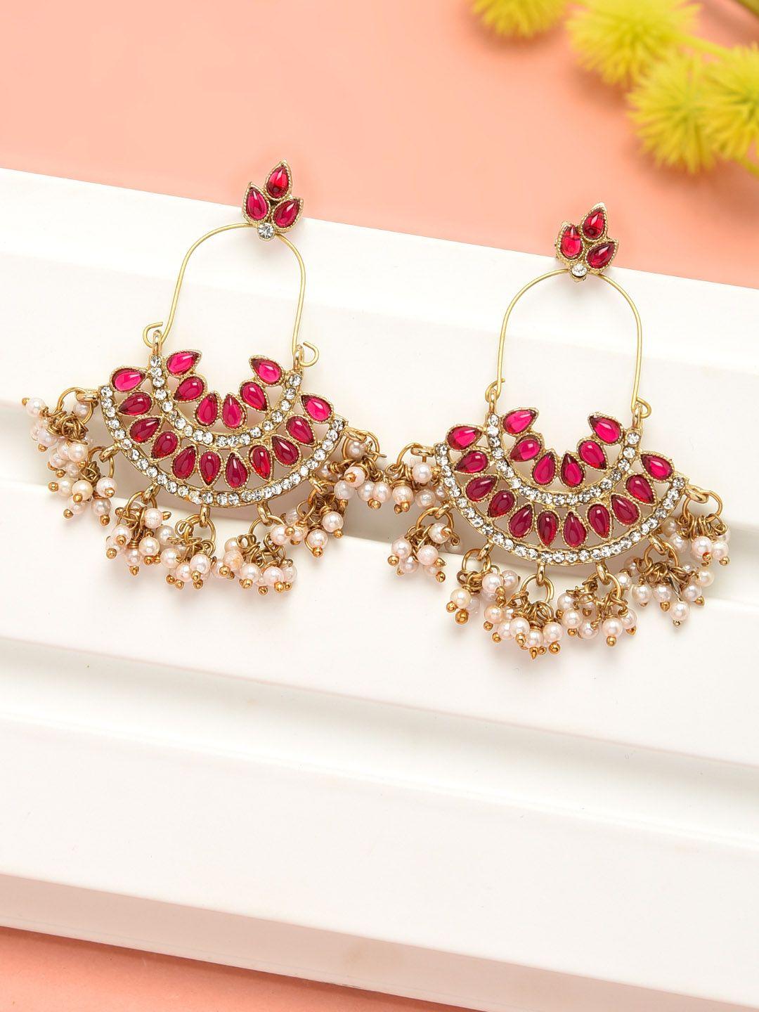 zaveri pearls maroon & off-white drop earrings