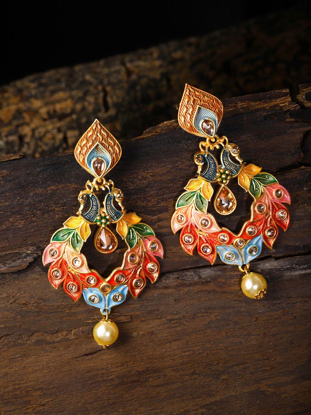 zaveri pearls multicoloured peacock shaped drop earrings