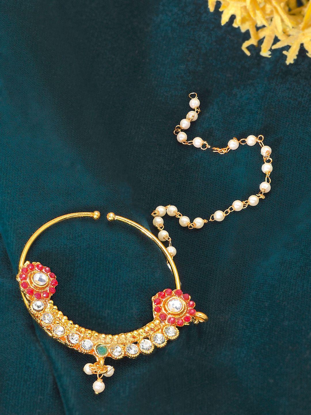 zaveri pearls off-white gold-plated stone-studded & beaded clip-on nose ring with chain