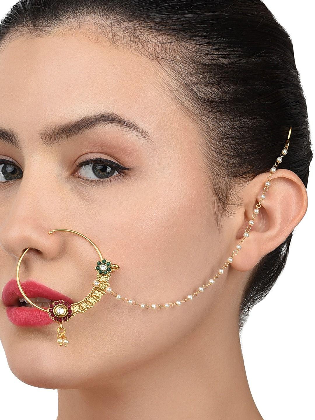 zaveri pearls off-white gold-plated stone-studded & beaded clip-on nose ring with chain