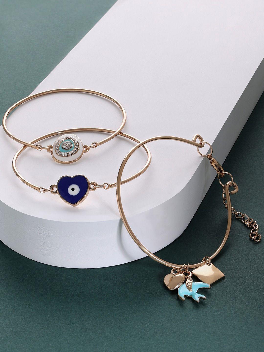 zaveri pearls pack of 3 women gold-toned & blue enamelled gold-plated wraparound bracelet