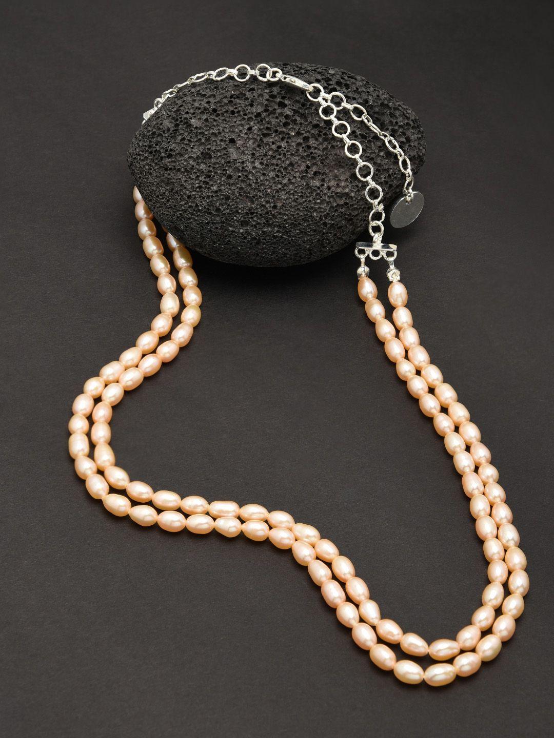 zaveri pearls peach-coloured & silver-plated freshwater pearl layered necklace