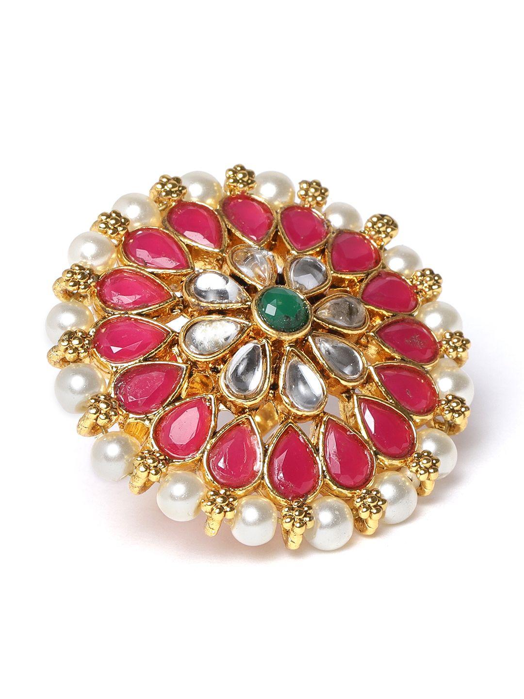 zaveri pearls pink & white gold-plated stone-studded & beaded adjustable finger ring