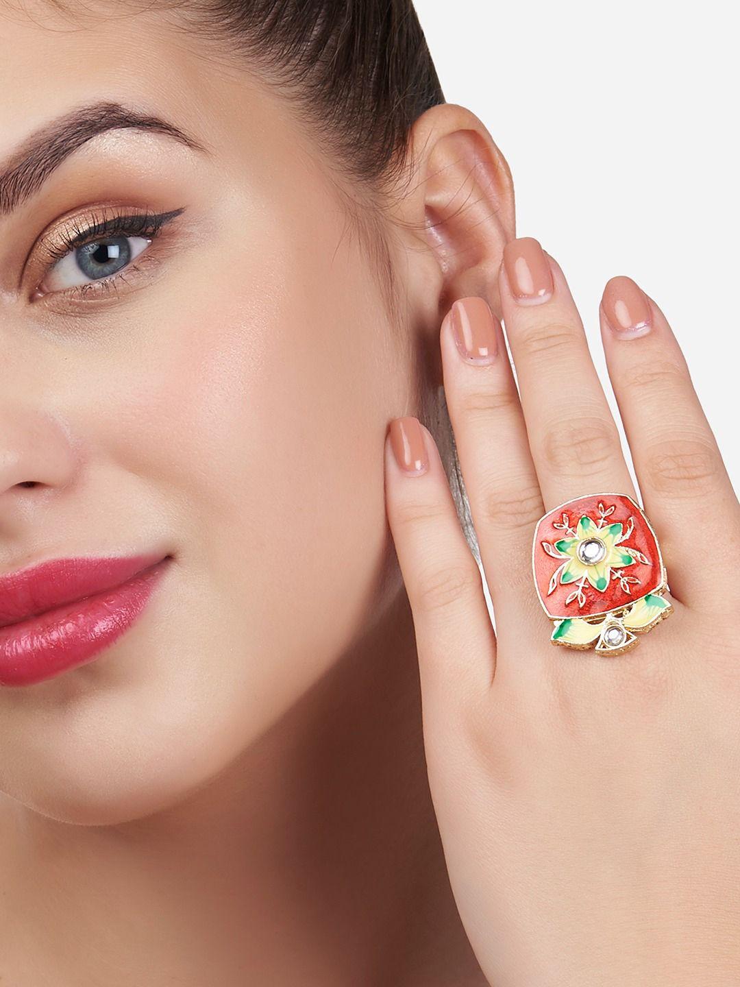 zaveri pearls red & gold-plated kundan stone-studded floral finger ring