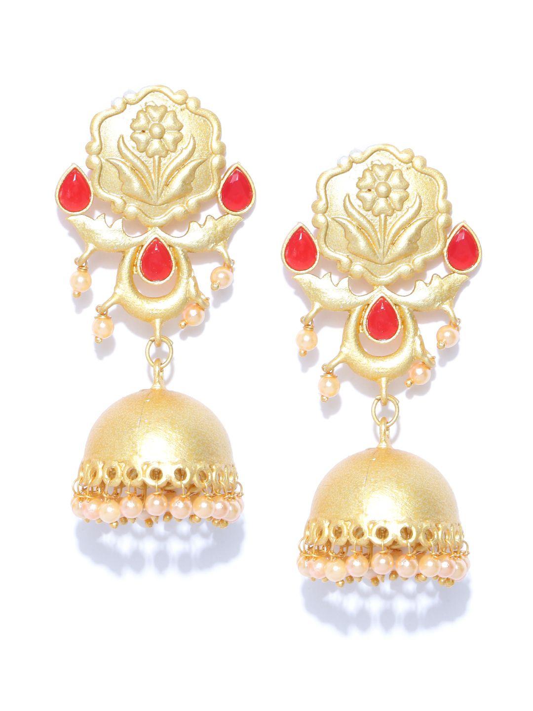 zaveri pearls red gold-plated stone-studded dome shaped jhumkas