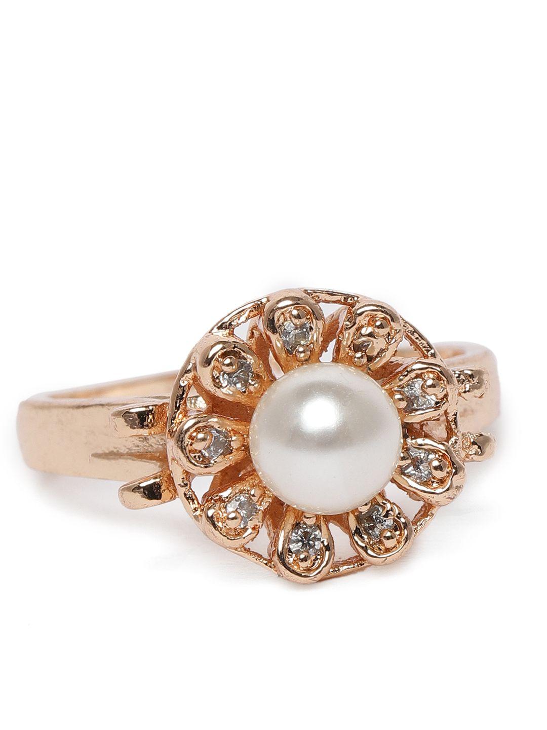 zaveri pearls rose gold-plated cubic zirconia & pearl floral adjustable finger ring