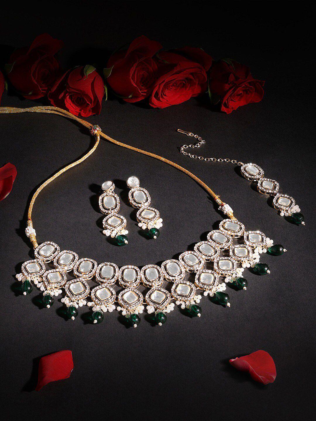 zaveri pearls rose gold-plated stone studded & beaded jewellery set