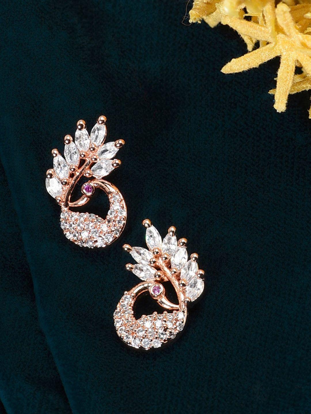 zaveri pearls rose gold-toned & white cubic zirconia studded peacock shaped studs