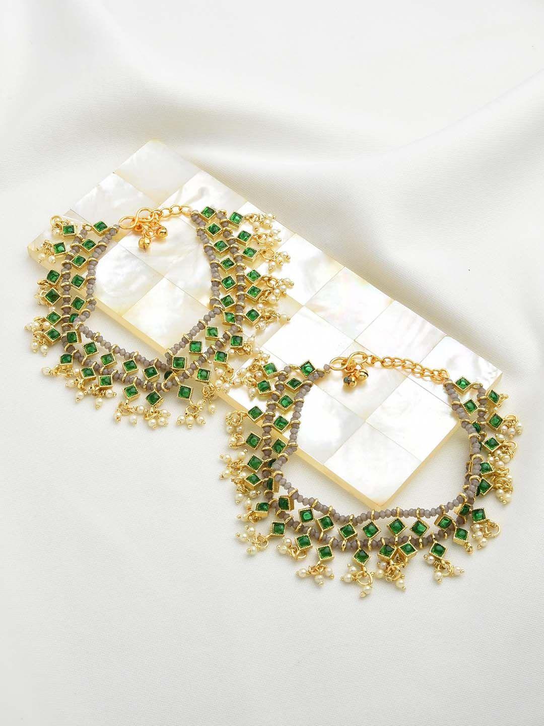 zaveri pearls set of 2 gold-plated & green kundan stone studded handcrafted anklets