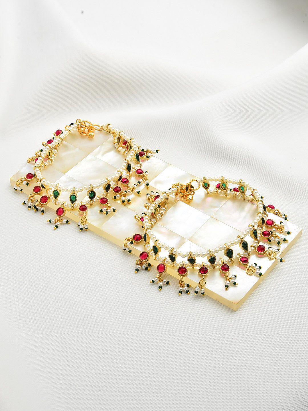 zaveri pearls set of 2 gold-plated green & pink kundan-studded & beaded anklets