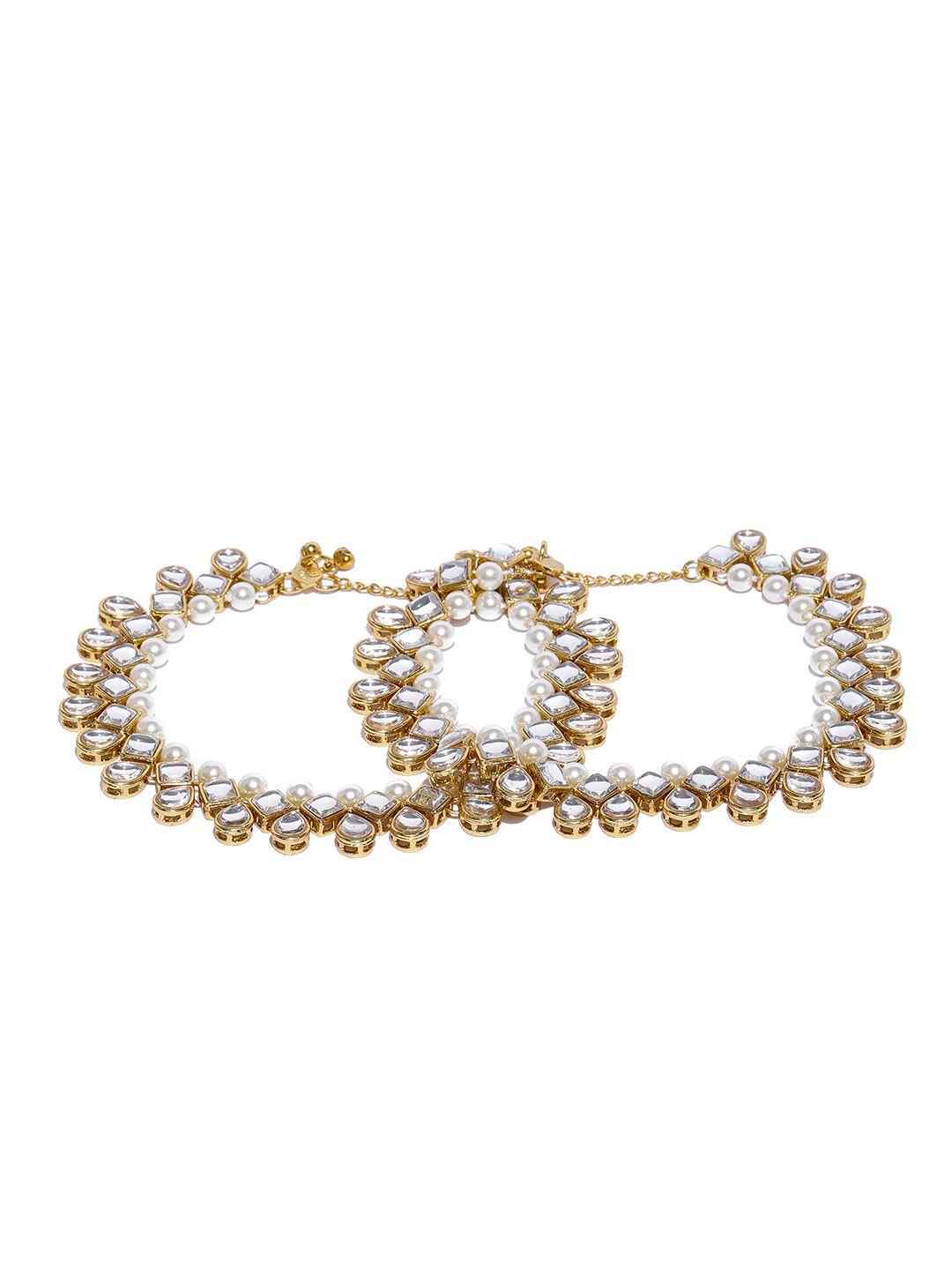 zaveri pearls set of 2 gold-plated kundan & pearls studded anklets