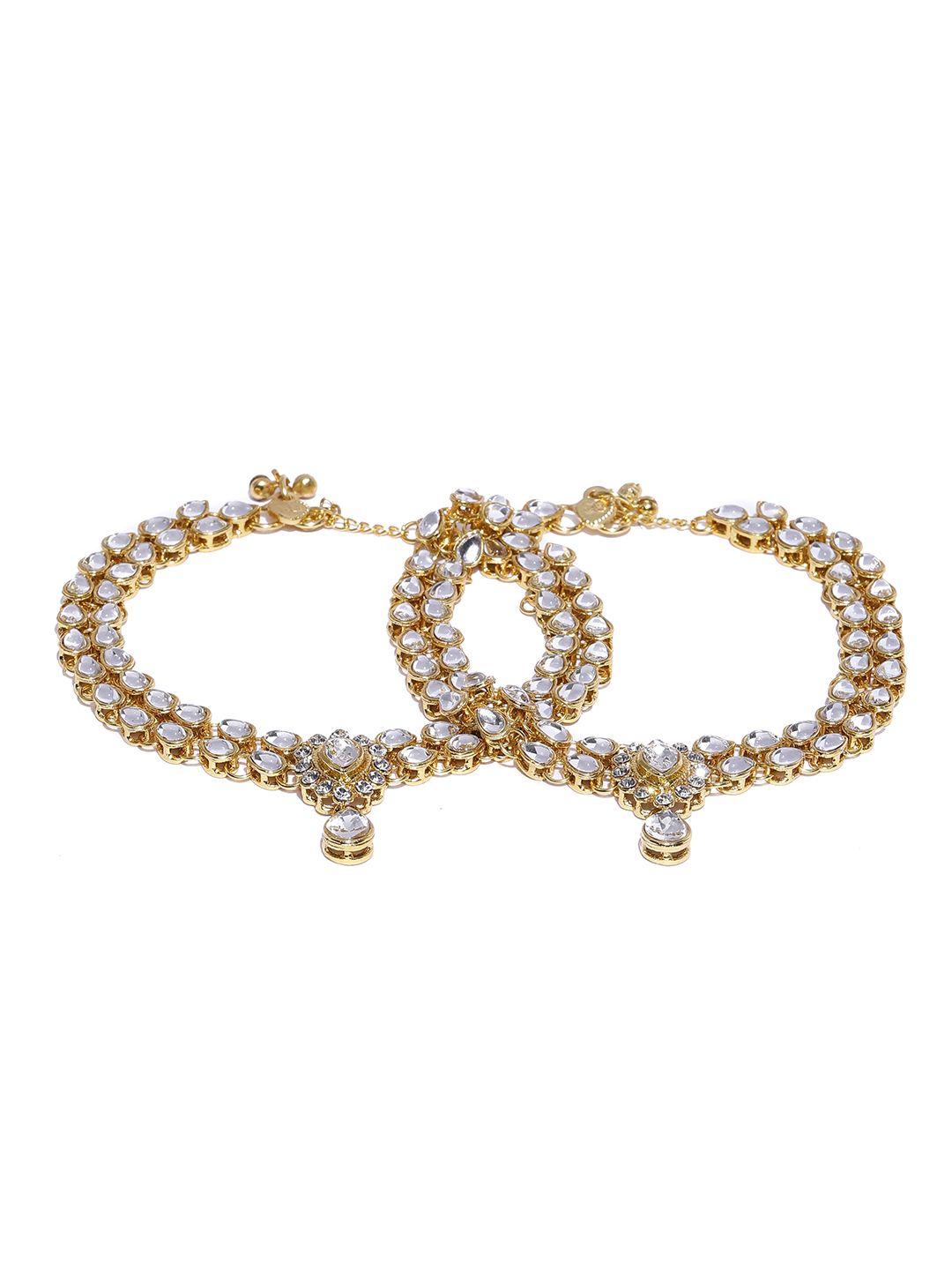 zaveri pearls set of 2 gold-plated kundan & stone studded anklets