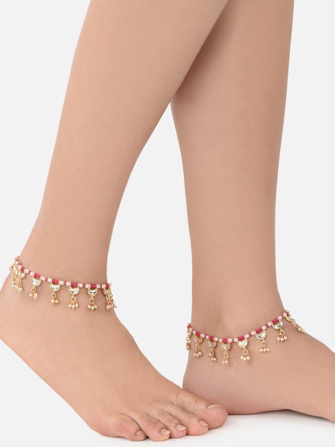 zaveri pearls set of 2 gold-plated kundan-studded & crystal beaded anklets