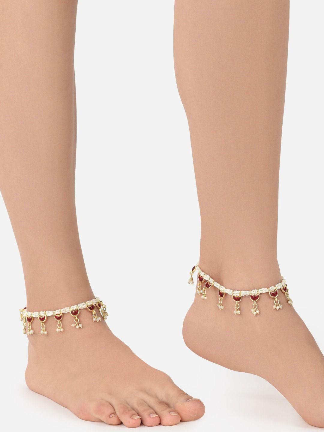 zaveri pearls set of 2 gold-plated pink & white crescent kundan-studded & beaded anklets