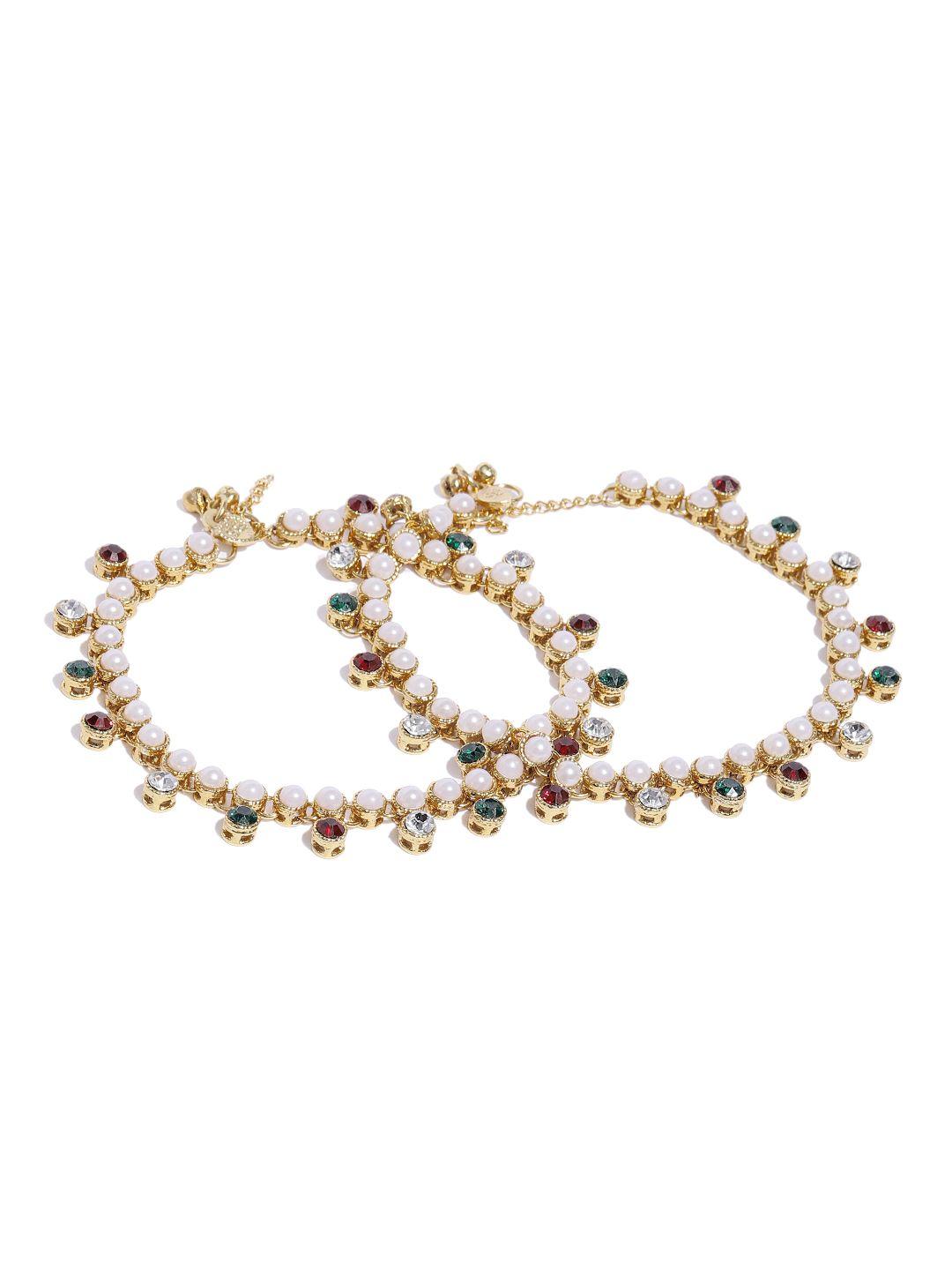 zaveri pearls set of 2 gold-plated stones & pearls studded anklets