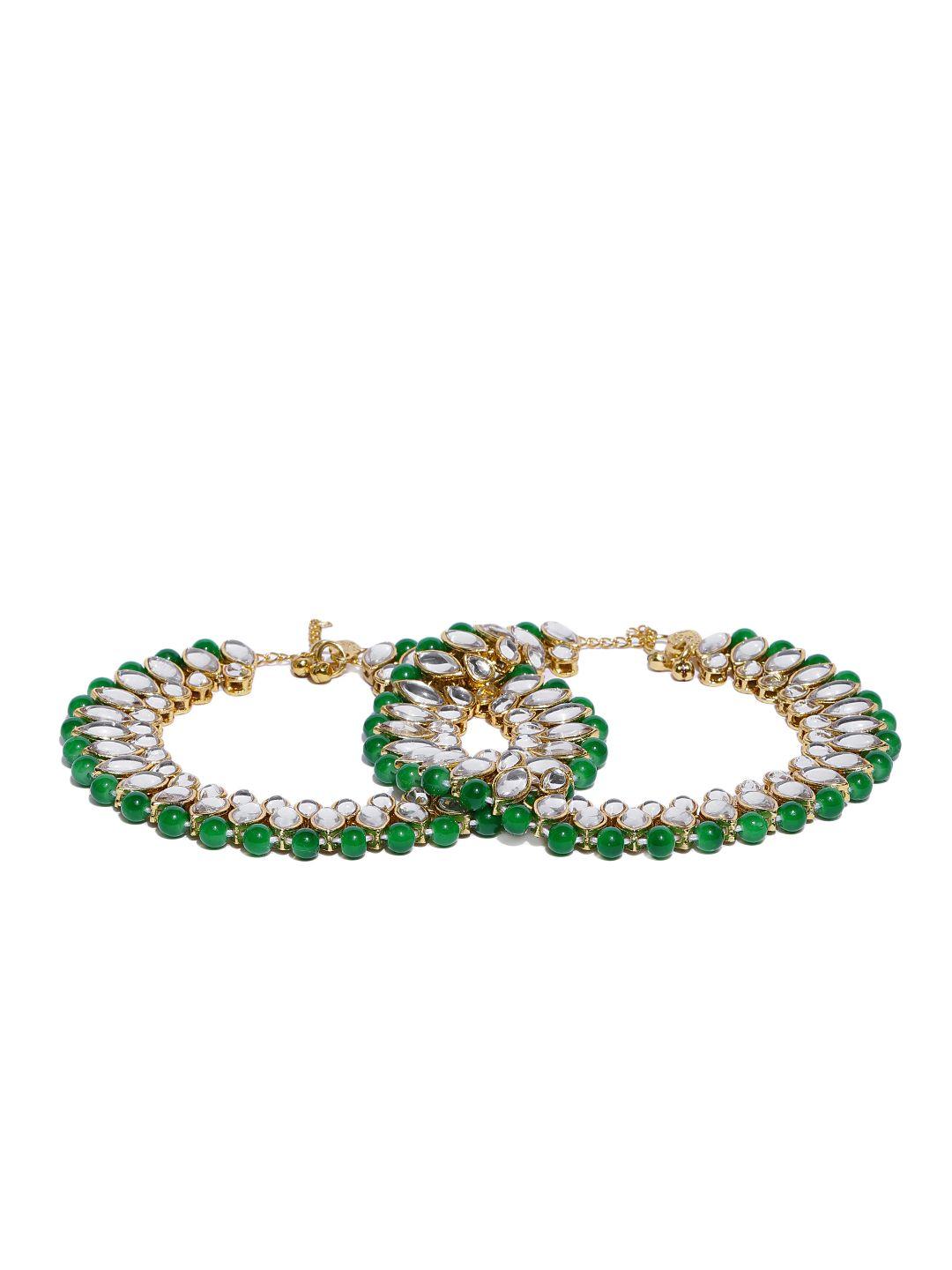 zaveri pearls set of 2 green gold-plated kundan & bead studded anklets