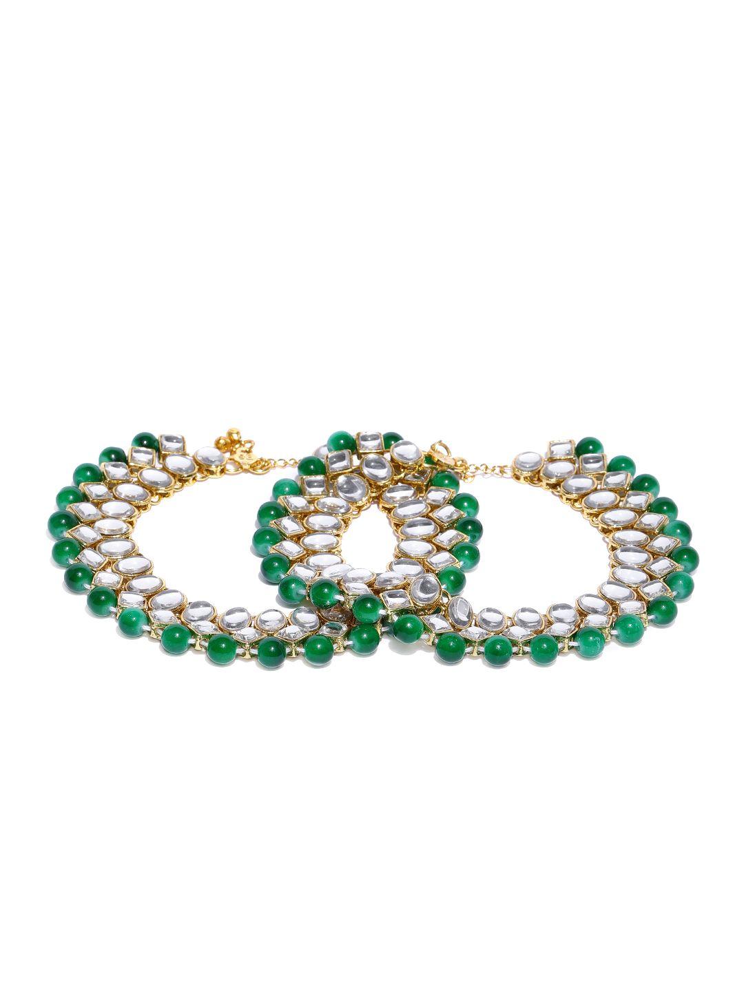 zaveri pearls set of 2 green gold-plated kundan & bead studded anklets