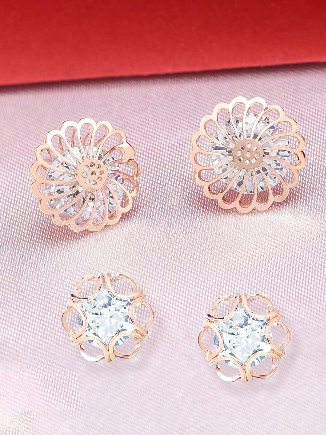 zaveri pearls set of 2 rose gold plated & white floral studs