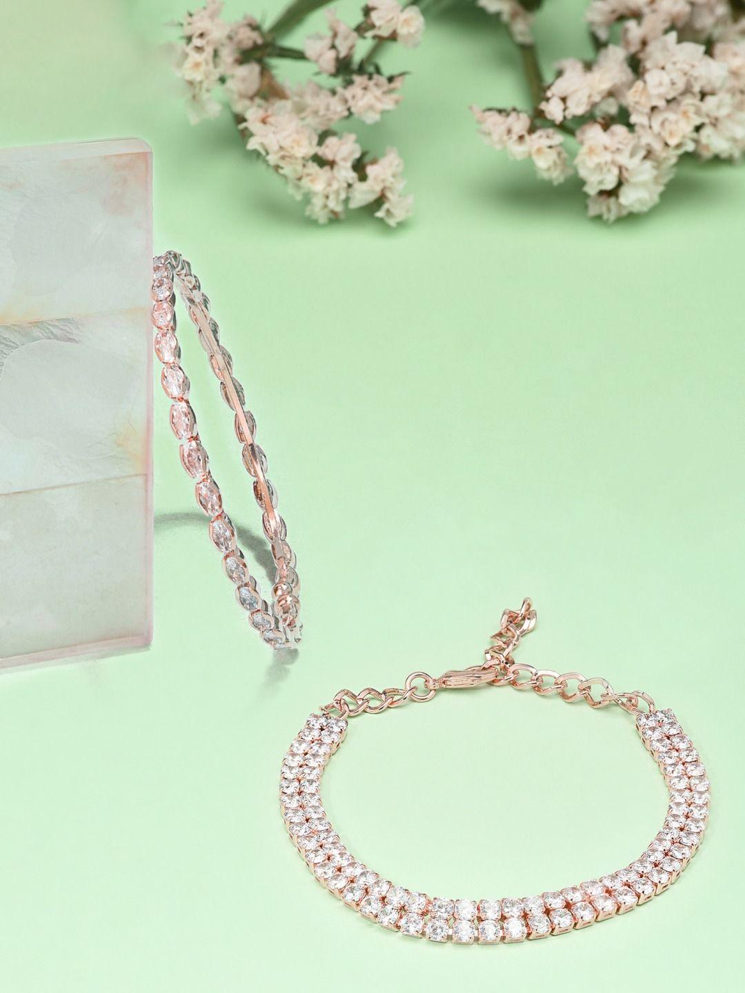 zaveri pearls set of 2 rose gold-plated white brass cubic zirconia wraparound bracelet