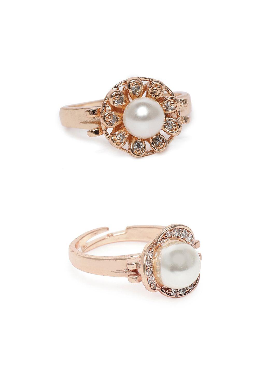zaveri pearls set of 2 white & rose gold-plated cz studded adjustable finger ring