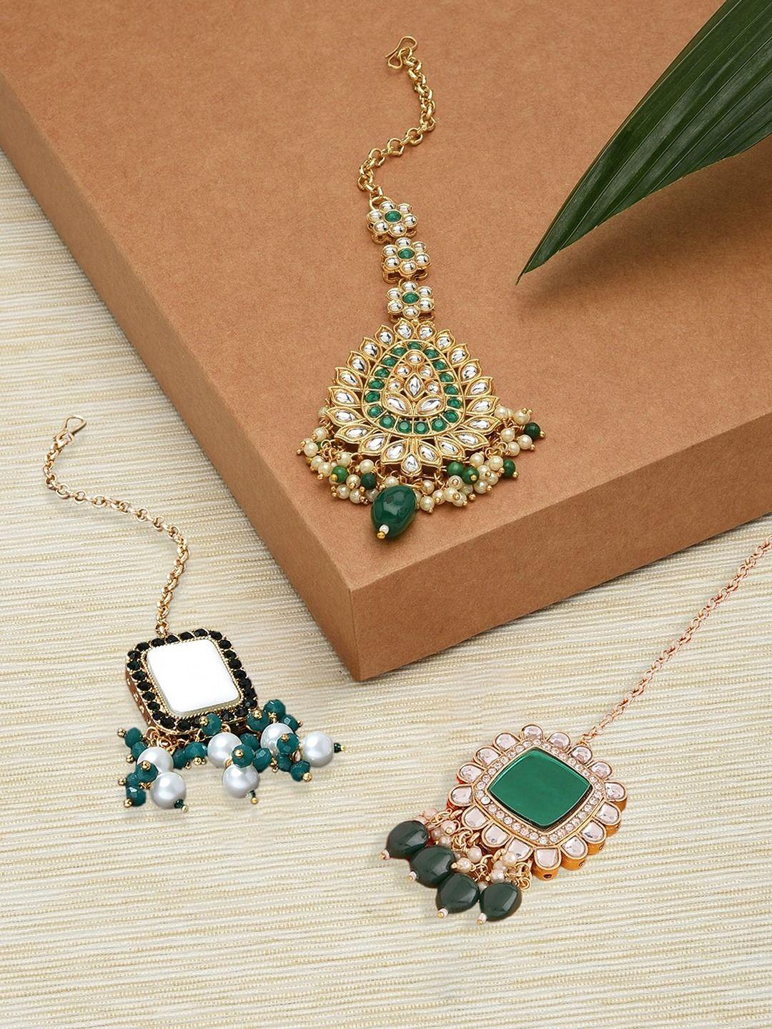 zaveri pearls set of 3 gold-plated green & white kundan studded & beaded maangtikka