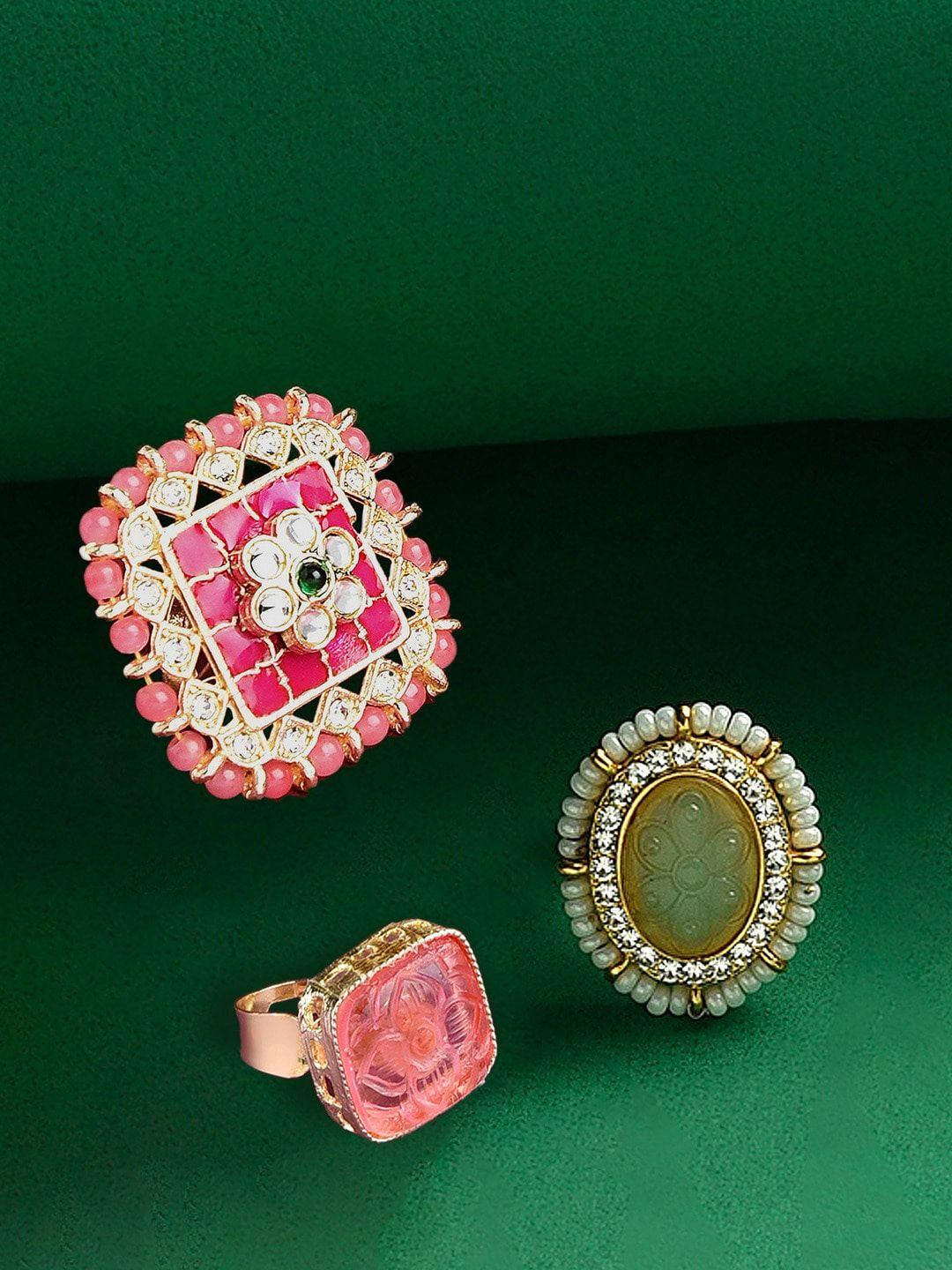 zaveri pearls set of 3 gold-plated stones & beads-studded meenakari finger rings