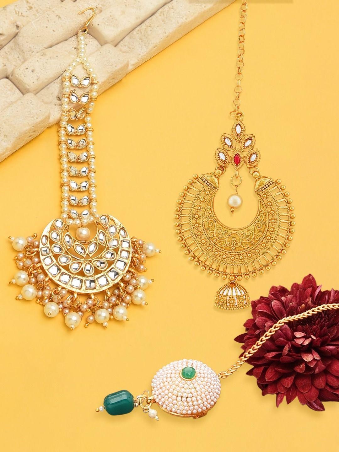 zaveri pearls set of 3 gold-plated white & green kundan studded maang tikka